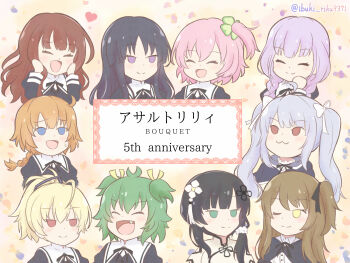 6+girls :3 :d ;) ^_^ absurdres ahoge ando_tazusa anniversary antenna_hair assault_lily black_capelet black_hair black_ribbon blonde_hair blue_eyes blunt_bangs blush braid braided_ponytail brown_hair capelet closed_eyes closed_mouth clover_hair_ornament collared_shirt commentary_request copyright_name falling_petals fang flower flower_knot four-leaf_clover_hair_ornament frilled_shirt_collar frills futagawa_fumi gradient_background green_eyes green_hair grey_hair hair_flower hair_ornament hair_over_shoulder hair_ribbon hair_scrunchie hand_on_own_chin hand_up heart high_ponytail highres hitotsuyanagi_riri hitotsuyanagi_yuri hood hood_down ibuki_riku kaede_johan_nouvel kuo_shenlin long_hair looking_at_another looking_to_the_side looking_up low_twin_braids low_twintails miriam_hildegard_von_gropius multiple_girls neck_ribbon one_eye_closed one_side_up open_mouth petals pink_hair ponytail purple_eyes purple_hair purple_ribbon red_eyes ribbon school_uniform scrunchie shirai_yuyu shirt short_hair sidelocks single_braid smile solid_eyes sweatdrop tassel tassel_hair_ornament twin_braids twintails twitter_username two_side_up wang_yujia wavy_hair white_flower white_scrunchie white_shirt yellow_background yellow_eyes yellow_ribbon yoshimura_thi_mai yurigaoka_girls_academy_school_uniform