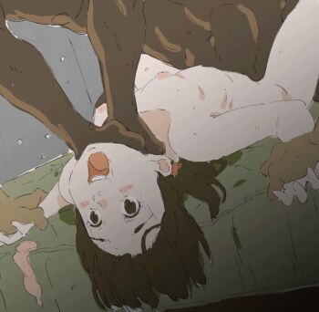 1girl 2boys animated animated_gif asphyxiation bed bed_sheet blush breasts collarbone condom dark-skinned_male dark_skin drooling hetero holding_another's_wrist interracial loli long_hair lying monodevil multiple_boys nipples nude on_back on_bed open_mouth rape restrained saliva sex small_breasts solo_focus spread_legs strangling tears teeth tongue used_condom vaginal wide-eyed