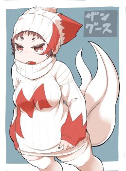 1girl breasts brown_hair gen_3_pokemon hare_(tetterutei) hat highres impossible_clothes medium_breasts nintendo open_mouth personification plump pokemon red_eyes red_hat short_hair solo standing sweater thighhighs two-tone_hat two-tone_sweater white_hat white_sweater white_thighhighs zangoose