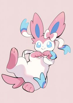 absurdres animal_focus blue_eyes blue_sclera blush bow closed_mouth colored_sclera gen_6_pokemon highres komanychi looking_at_viewer lying nintendo no_humans on_back pink_fur pokemon pokemon_(creature) pokemon_focus ribbon simple_background smile solo sylveon two-tone_fur white_fur