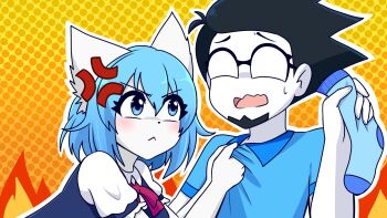 Rule 34 | 1boy, 1girl, :<, anger vein, angry, animal ears, beard, blue eyes, blue hair, blue shirt, colored skin, commentary, english commentary, facial hair, fire, glaring, gripping clothes, highres, holding sock, indie virtual youtuber, no eyes, no nose, polka dot, polka dot background, scowl, shirt, socks, theamaazing, unworn socks, virtual youtuber, wolf ears, wolf girl, wolfychu, wolfychu (artist)