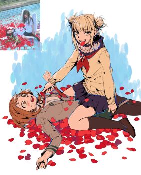 Rule 34 | 2girls, black shoes, black skirt, blazer, blonde hair, boku no hero academia, brown eyes, brown hair, clothes grab, commentary, double bun, grey jacket, hair bun, hashtag-only commentary, highres, jacket, multiple girls, neckerchief, necktie, necktie grab, neckwear grab, petal in mouth, petals, photo-referenced, pochato, red neckerchief, red necktie, red petals, school uniform, shoes, skirt, straddling, sweater, toga himiko, u.a. school uniform, uraraka ochako, yellow sweater, yuri