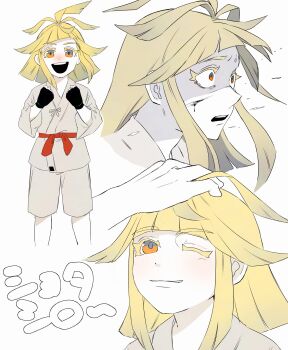 1boy 1other absurdres aged_down belt blonde_hair blood blood_on_face blunt_bangs child closed_mouth colored_eyelashes commentary_request dean_(satori-fujioka) dot_nose dougi hand_on_another&#039;s_head highres ivor_(pokemon) karate_gi multiple_views nintendo open_mouth orange_eyes pokemon pokemon_legends:_z-a red_belt short_hair shorts simple_background smile teeth translation_request upper_teeth_only white_background wide-eyed