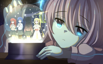 5girls blue_eyes bocchi_the_rock! chenyu_cy closed_mouth commentary empty_eyes english_commentary gotoh_hitori hair_between_eyes ijichi_nijika jacket kessoku_band kita_ikuyo long_bangs long_hair long_sleeves looking_at_object multiple_girls pink_hair pink_jacket snow_globe standing track_jacket yamada_ryo