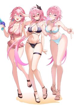 3girls alternate_costume bikini black_bikini blush breasts breasts_apart character_request cleavage closed_mouth collarbone commentary evernight_(honkai:_star_rail) full_body gyaru_v hair_between_eyes hand_up higashiwun_izumi highres holding holding_water_gun honkai:_star_rail honkai_(series) large_breasts long_hair looking_at_viewer march_7th_(honkai:_star_rail) march_7th_(preservation)_(honkai:_star_rail) multiple_girls multiple_persona navel one_eye_closed pink_eyes pink_hair red_eyes sandals side-tie_bikini_bottom simple_background smile standing stomach swimsuit toes v very_long_hair water_gun white_background white_bikini