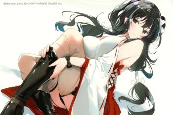 2025 ankle_boots black_eyes black_hair black_panties boots breasts changing_clothes color_halftone commentary copyright_name fubuki_(senran_kagura) garter_straps hair_ribbon hakama hakama_skirt happy_new_year highres japanese_clothes kimono large_breasts long_hair low_twintails marvelous miko new_year non-web_source official_art pale_skin panties red_hakama ribbon ribbon-trimmed_sleeves ribbon_trim scan senran_kagura sitting skindentation skirt smile thighhighs twintails underwear wavy_hair white_kimono wide_sleeves yaegashi_nan