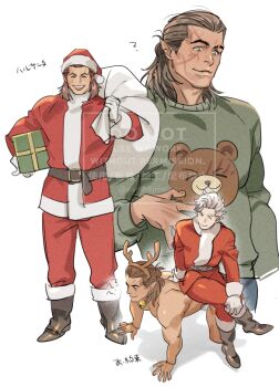 Rule 34 | 2boys, ?, ??, all fours, antlers, astarion, baldur's gate, baldur's gate 3, brown hair, dungeons & dragons, facial mark, gift, green sweater, hair bun, halsin, hat, holding, holding gift, holding sack, horns, long hair, looking at another, looking at viewer, male focus, multiple boys, muscular, muscular male, pointy ears, reindeer antlers, sack, santa costume, santa hat, sitting, sitting on person, sweater, swept bangs, tatsumi (psmhbpiuczn), translation request, watermark, white hair