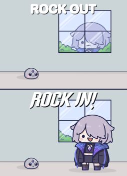 1girl :d absurdres black_jacket black_shirt black_skirt chest_jewel chibi chibi_only english_text gem grey_hair hair_over_one_eye hashtag-only_commentary highres hololive hololive_english jacket koseki_bijou koseki_bijou_(casual) official_alternate_costume official_alternate_hairstyle open_mouth pebble_(koseki_bijou) phdpigeon purple_gemstone purple_jacket quilted_jacket shirt skirt smile two-sided_fabric two-sided_jacket virtual_youtuber window