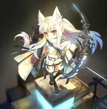1girl animal_ear_fluff animal_ears arknights black_boots black_gloves boots bow_(weapon) cape chibi chibi_only commentary_request faux_figurine full_body gloves glowing holding holding_bow_(weapon) holding_weapon horse_ears horse_girl horse_tail jacket long_hair looking_at_viewer magnedrop navel platinum_(arknights) shorts solo standing tail thigh_boots very_long_hair weapon white_cape white_hair white_jacket white_shorts yellow_eyes