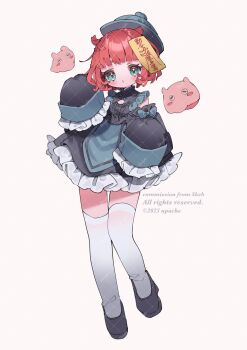 1girl :o amakasa_porupo artist_name black_dress black_shoes blunt_bangs blush bow commentary commission dress frilled_dress frilled_sleeves frills full_body green_bow green_hat hat highres indie_virtual_youtuber long_sleeves open_mouth red_hair sample_watermark shoes short_hair simple_background skeb_commission sleeve_bow sleeves_past_fingers sleeves_past_wrists solo standing standing_on_one_leg thighhighs upa_papa_co virtual_youtuber watermark watermark_grid white_background white_thighhighs