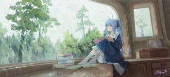 1girl blue_dress blue_hair blue_ribbon book book_stack commentary_request day desk dress grey_socks hair_ribbon high_ponytail highres holding holding_book indoors knees_up layered_dress long_hair long_sleeves looking_afar looking_outside mavv no_shoes on_desk open_book original overcast ponytail rain ribbon scenery sidelocks signature sitting sky socks solo tree vase very_long_hair water_drop wet_lens wide_shot window yellow_eyes