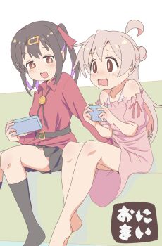 2girls :d absurdres ahoge bare_legs barefoot belt black_hair black_skirt black_socks blush bolo_tie brown_eyes commentary controller dress game_controller hair_bun hair_ornament hairclip highres holding holding_controller holding_game_controller incest jibijibipen kneehighs long_hair miniskirt multicolored_hair multiple_girls off-shoulder_dress off_shoulder onii-chan_wa_oshimai! open_mouth oyama_mahiro oyama_mihari pink_dress purple_hair red_shirt shirt short_sleeves siblings simple_background sisters sitting skirt smile socks twintails two-tone_hair very_long_hair wavy_mouth