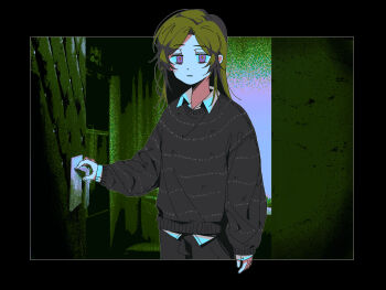 1girl arm_at_side bags_under_eyes black_pants black_sweater chinese_commentary collared_shirt commentary_request dress_shirt green_background green_hair guandongguan hair_down hand_on_doorknob highres indoors marina_kaplan pants purple_eyes shirt solo sweater swept_bangs upper_body white_shirt z.a.t.o._//_i_love_the_world_and_everything_in_it