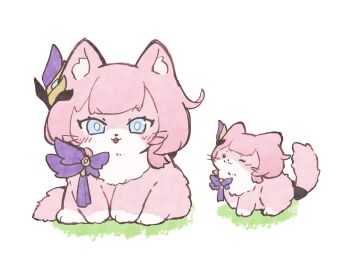 animalization blue_eyes bow bowtie cat elysia_(honkai_impact) elysia_(miss_pink_elf)_(honkai_impact) hair_ornament highres honkai_(series) honkai_impact_3rd looking_at_viewer no_humans pink_cat purple_bow purple_bowtie torein_(and_rain3)