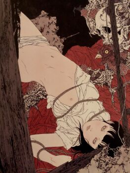 1girl acrylic_paint_(medium) bdsm bird black_hair breasts chicken commentary commentary_request dated_commentary english_commentary fine_art_parody highres looking_at_viewer mixed-language_commentary naked_shirt navel nihonga nipples original painting_(medium) parody pussy rooster shirt skeleton small_breasts solo traditional_media ukiyo-e upside-down white_shirt yamamoto_takato