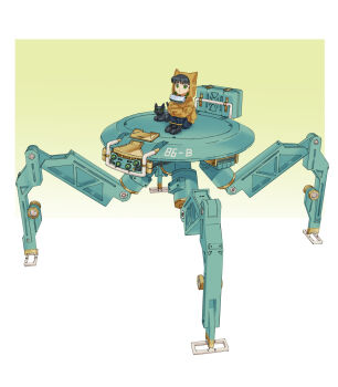 1girl absurdres black_cat black_eyes black_hair cat closed_mouth commentary goggles goggles_around_neck gradient_background highres hood hood_up hoodie ideun knees_up mecha mecha_focus non-humanoid_robot orange_hoodie original robot sitting solo white_background wide_shot yellow_background