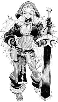 1girl ;) abs bare_shoulders breasts closed_mouth commentary commission contrapposto dark-skinned_female dark_skin detached_sleeves earrings feet full_body fur_trim gloves greyscale hand_on_own_hip hat highleg highleg_panties highres holding holding_sword holding_weapon huge_weapon jewelry large_breasts loincloth long_hair long_pointy_ears looking_at_viewer monochrome muscular muscular_female navel navel_piercing necklace one_eye_closed original panties panty_straps piercing pointy_ears ringed_eyes rope sandals simple_background smile solo standing star_(symbol) sword thigh_strap toes underwear very_long_hair weapon websake