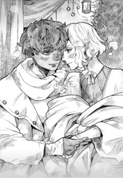 2boys bags_under_eyes blue_eyes blush curly_hair dark-skinned_male dark_skin dungeon_meshi elf face-to-face greyscale highres holding_hands jacket kabru kyo_okita long_sleeves looking_at_another male_focus mithrun monochrome multiple_boys notched_ear pointy_ears profile scarf shirt short_hair smile spot_color tree yaoi