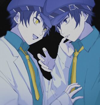 2girls black_background black_shirt blue_eyes blue_hair blue_hat commentary_request dark_persona eyelashes hat highres lab_coat looking_at_another multiple_girls necktie open_mouth parted_lips persona persona_4 shadow_naoto shirogane_naoto shirt short_hair usa_(kawaii_152cm) yellow_eyes yellow_necktie