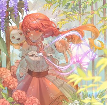 1girl :o animal animal_on_shoulder artist_name bare_shoulders bead_necklace beads black_bow black_ribbon black_sash bow bow_choker bowtie bra_strap brown_eyes buttons cat cat_on_shoulder catnip_cataria center_frills choker cloak clothed_animal clothing_cutout commentary cowboy_shot day ear_covers english_commentary eyelashes fingernails floating_clothes floating_hair flower frilled_shirt frilled_skirt frilled_sleeves frills hair_bow hair_ribbon highres holly hood hood_up hooded_cloak indoors infinity_nikki jewelry layered_skirt light_blush lipstick long_hair long_sleeves low_twintails magic makeup mascara miniskirt momo_(nikki) necklace nikki_(nikki) nikki_(series) open_mouth outstretched_arm parted_lips pink_bow pink_bowtie pink_choker pink_flower pink_hair pink_lips pink_skirt puffy_long_sleeves puffy_sleeves purple_flower red_bow red_bowtie ribbon sash shirt shoulder_cutout sidelocks single_stripe skirt smile snowflake_print solo star_(symbol) star_necklace star_print striped_bow striped_bowtie striped_choker striped_clothes teeth tree tress_ribbon twintails very_long_hair waist_sash whiskers white_cat white_flower white_shirt white_skirt window wisteria yarn yellow_cloak