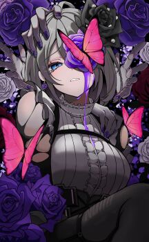 1girl absurdres black_flower black_pantyhose black_petals black_rose black_skirt blue_eyes breasts bug butterfly chaos_zero_nightmare earrings flower flower_in_eye frills grabbing_another&#039;s_head hair_flower hair_ornament highres insect jewelry long_sleeves looking_at_viewer medium_breasts meikyo_shisui pantyhose petals purple_nails renoa_(chaos_zero_nightmare) rose shirt short_hair skirt symbol_in_eye tears teeth white_hair white_shirt