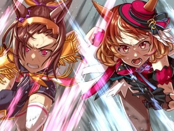 2girls animal_ears asymmetrical_gloves black_gloves black_pantyhose boater_hat breasts brown_eyes brown_hair clenched_teeth commentary_request dress ears_through_headwear epaulettes flower_in_eye gloves gold_hairband hair_between_eyes hair_ornament hairband halter_dress halterneck hat horse_ears horse_girl long_hair medium_hair mile_championship mismatched_gloves multiple_girls neckerchief north_flight_(looking_fly!)_(umamusume) north_flight_(umamusume) open_mouth pantyhose peeta ponytail purple_eyes running sakura_bakushin_o_(blossom_in_learning)_(umamusume) sakura_bakushin_o_(umamusume) shirt shorts sleeveless sweat symbol_in_eye teeth textless_version thighhighs tilted_headwear umamusume white_gloves white_thighhighs yellow_neckerchief