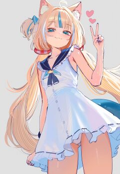 Rule 34 | 1girl, absurdres, ahoge, animal ears, blonde hair, blue eyes, blue nails, breasts, cat ears, closed mouth, commentary, dress, fang, fins, fish girl, fish tail, highres, indie virtual youtuber, long hair, looking at viewer, low twintails, ms. tsu, multicolored hair, nail polish, panties, pantyshot, sameko saba, shorts, skin fang, sleeveless, sleeveless dress, small breasts, smile, solo, streaked hair, tail, twintails, underwear, upskirt, very long hair, virtual youtuber, white dress, white panties, white shorts