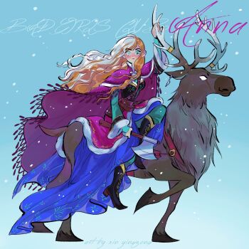 1girl anna_(frozen) artist_name axe black_boots blue_background blue_eyes blue_skirt blush boots braid breasts capelet closed_mouth commentary english_commentary frozen_(disney) full_body gold_trim green_shirt highres holding holding_axe kiddo_hah long_hair looking_at_viewer medium_breasts multiple_braids orange_hair original outdoors pink_capelet reindeer riding riding_animal shirt skirt snowing sven_(frozen) white_eyes