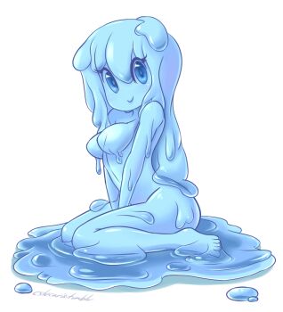 1girl barefoot blue_eyes blue_slime blue_theme breasts closed_mouth cslucaris female_focus full_body kneeling looking_at_viewer medium_breasts monster_girl original simple_background sitting slime_girl smile solo wariza white_background