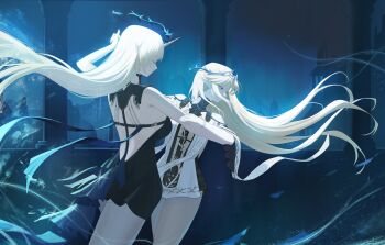 2girls absurdres averting_eyes bare_shoulders black_dress blonde_hair blue_background breasts cartethyia_(wuthering_waves) commentary crown_of_thorns dancing dress dual_persona fleurdelys_(wuthering_waves) highres horns large_breasts long_hair multiple_girls oro_(lsg0624) pointy_ears sidelocks single_horn tabard thighs white_tabard wuthering_waves yellow_horns