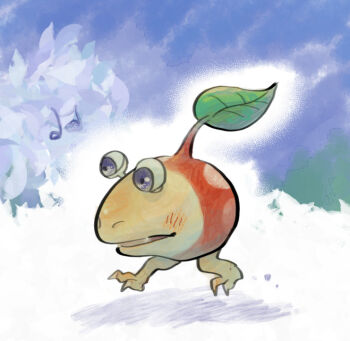 asaikaina blue_sky bulbmin cloud colored_eyelashes creature creature_focus expressionless fang leaf light_blush musical_note nintendo no_humans nostrils outline parted_lips pikmin_(series) shadow sky walking white_outline