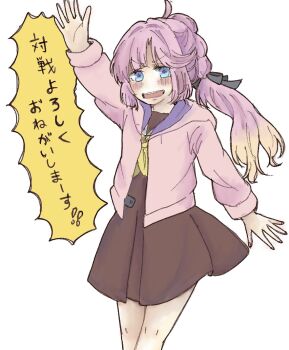 1girl :d ahoge anyoji_hime arm_up black_ribbon blonde_hair blue_eyes blush brown_dress colored_speech_bubble dress feet_out_of_frame gradient_hair hair_ribbon hasu_no_sora_school_uniform highres hood hooded_jacket jacket link!_like!_love_live! long_sleeves looking_at_viewer love_live! mochi_(mamelive228) multi-tied_hair multicolored_hair open_clothes open_jacket open_mouth pink_hair pink_jacket pleated_dress ponytail ribbon sailor_collar sailor_dress school_uniform short_dress smile solo speech_bubble standing teeth translation_request upper_teeth_only v-shaped_eyebrows virtual_youtuber white_sailor_collar winter_uniform