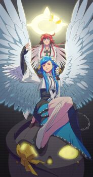 2girls absurdres ashensol black_dress black_tail blue_eyes blue_hair breasts broken_halo cropped_shirt dizzy_(guilty_gear) dress full_body guilty_gear guilty_gear_strive halo highres jack-o&#039;_valentine large_breasts long_hair multiple_girls queen_dizzy red_eyes red_hair shirt simple_background white_background white_hair white_shirt white_wings wings