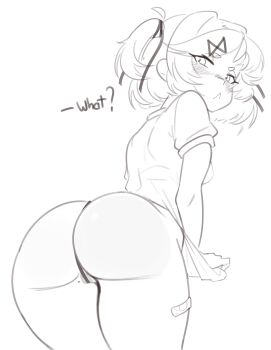 1girl :&lt; absurdres angry ass bandaid_on_thigh blush commentary doki_doki_literature_club emiillb english_commentary hair_ribbon highres looking_back mole natsuki_(doki_doki_literature_club) pulling_own_clothes ribbon shirt short_hair sketch solo white_background