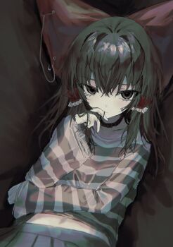 1girl bandaid bandaid_on_cheek bandaid_on_face bow brown_eyes brown_hair choker commentary_request hair_bow hair_tubes hakurei_reimu hand_up hayu_(hayu0305) highres long_hair long_sleeves lying midriff navel on_back panties pleated_skirt red_pupils skirt solo striped_clothes striped_panties touhou underwear