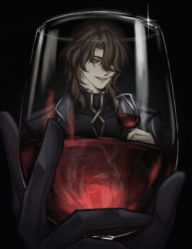 Rule 34 | 1boy, alcohol, black background, black gloves, brown hair, commentary, cup, drinking glass, english commentary, genshin impact, glass, gloves, highres, holding, holding cup, long sleeves, looking to the side, male focus, red wine, rerir (genshin impact), smile, sparkle, vanta (vantax art), white hair, wine, wine glass