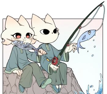 1boy 1girl border brother_and_sister chewing closed_mouth commentary eating fish fishing fishing_rod furry furry_female furry_male heng_(nine_sols) nine_sols on_rock outside_border red_eyes siblings sitting white_border white_fur yi_(nine_sols) yyang_gg