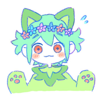 1boy basil_(headspace)_(omori) basil_(omori) blush closed_mouth colored_skin cosplay flower flower_wreath flying_sweatdrops green_hair head_wreath looking_at_viewer male_focus nintendo omori pokemon red_eyes sidelocks simple_background smile solo sprigatito sprigatito_(cosplay) sun_iiinu upper_body white_background white_skin