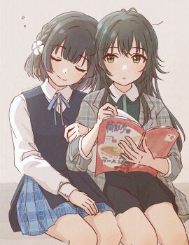 2girls black_skirt blue_hair blue_ribbon blue_skirt blue_vest blush book closed_eyes collared_shirt commentary_request flower gakuen_idolmaster green_eyes green_hair green_shirt grey_background hair_flaps hair_flower hair_ornament hataya_misuzu hatsuboshi_gakuen_school_uniform highres holding holding_book idolmaster jacket komoro7857 locked_arms long_hair long_sleeves mole mole_under_mouth multiple_girls neck_ribbon open_book open_clothes open_jacket plaid_clothes plaid_jacket pleated_skirt ribbon school_uniform shirt short_hair simple_background sitting skirt smile tsukimura_temari twitter_username vest white_shirt