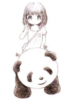 1girl bag child commentary_request dress grey_hair greyscale handbag leica_(leica_xx) medium_hair monochrome original panda riding riding_animal solo v