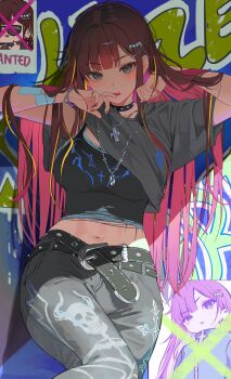 Rule 34 | 1girl, absurdres, akane lize, armlet, belt, black belt, blush, brown hair, choker, crop top, cross, cross necklace, denim, ear piercing, graffiti, grey eyes, hair ornament, highres, jeans, jewelry, long hair, looking at viewer, midriff, mole, multicolored hair, myabit, nail polish, necklace, pants, piercing, pink hair, poster (object), red nails, ring, solo, spiked choker, spikes, stellive, streaked hair, virtual youtuber, wanted poster, wristband