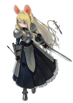 1girl absurdres animal_ears armor arrow_(projectile) blonde_hair gauntlets gemi_ningen highres holding holding_arrow holding_sword holding_weapon mouse_ears mouse_girl mouse_tail original pauldrons plate_armor sharp_tail shoulder_armor skirt sword tail weapon