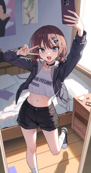 1girl :d absurdres arm_up bed bedroom black_choker black_jacket black_shorts blue_eyes brown_hair cellphone chinese_commentary choker commentary_request crop_top crop_top_overhang drawstring girls_band_cry hair_ornament hairclip highres holding holding_phone indoors iseri_nina jacket leg_up long_sleeves looking_at_viewer low_twintails midriff mirror navel open_clothes open_jacket open_mouth phone pillow selfie shirt shoes short_hair short_shorts short_twintails shorts smartphone smile sneakers socks solo standing standing_on_one_leg stomach twintails v v-shaped_eyebrows white_shirt white_socks wooden_floor xzu