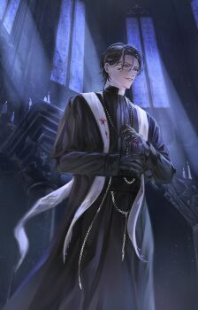 Rule 34 | 1boy, adjusting clothes, adjusting gloves, ajsaart, black gloves, black hair, black robe, candle, cassock, cathedral, chain, church, clerical collar, commentary, cross, english commentary, gehrman sparrow, glasses, gloves, hair slicked back, highres, holding, indoors, jewelry, klein moretti, light particles, light rays, long sleeves, looking at viewer, lord of the mysteries, male focus, moonlight, necklace, parted lips, priest, robe, semi-rimless eyewear, short hair, solo, stained glass, stole, window