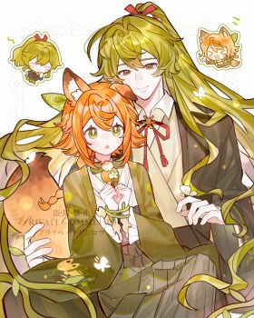 Rule 34 | > <, 1boy, 1girl, :d, absurdres, animal ear fluff, animal ears, bai yang zi, black jacket, blush stickers, bound, bound wrists, chibi, chibi inset, closed eyes, closed mouth, collared shirt, double-parted bangs, fox ears, fox girl, fox tail, frilled sleeves, frills, green eyes, green hair, green kimono, hair between eyes, hakama, hakama skirt, highres, jacket, japanese clothes, kimono, long hair, long sleeves, neck ribbon, open clothes, open jacket, open mouth, orange hair, original, red ribbon, ribbon, shirt, short hair, skirt, smile, tail, watermark, white background, white shirt, wide sleeves, xd