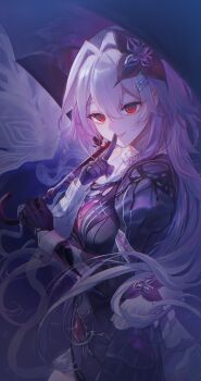 1girl absurdres black_gloves breasts cc_(kitty030) commentary_request cowboy_shot earrings evernight_(honkai:_star_rail) evey_(honkai:_star_rail) finger_to_mouth gloves hair_between_eyes hair_intakes highres holding holding_umbrella honkai:_star_rail honkai_(series) index_finger_raised jewelry large_breasts long_hair long_sleeves looking_at_viewer march_7th_(honkai:_star_rail) pink_hair red_eyes shushing single_earring smile solo umbrella very_long_hair