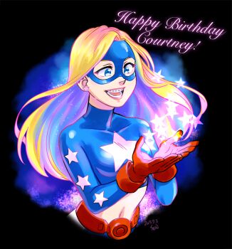 1girl belt blonde_hair blue_eyes braces crop_top dated dc_comics domino_mask earrings eye_mask female_focus gloves happy_birthday jewelry justice_league justice_society_of_america long_hair mask midriff navel open_mouth red_gloves sen_(sen69) signature smile solo star_(symbol) star_earrings stargirl superhero_costume upper_body