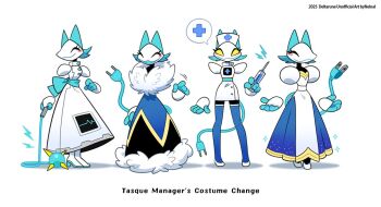 1girl :3 ^_^ blue_dress cable cable_tail cardiogram_print closed_eyes deltarune disembodied_hand dress full_body hat holding holding_syringe mace mechanical_tail multiple_views nelnal nurse nurse_cap open_mouth smile spiked_mace spikes syringe tail tasque_manager utdr_(toby_fox) weapon white_dress