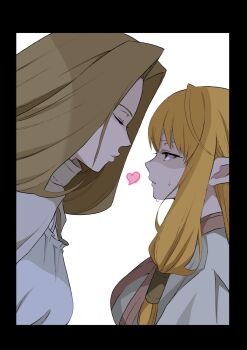 2girls blonde_hair closed_eyes commentary_request elf hairband heart height_difference highres imminent_kiss long_hair methode_(sousou_no_frieren) multiple_girls partially_shaded_face pointy_ears puckered_lips robe serie_(sousou_no_frieren) sousou_no_frieren sweat white_robe yasehattagi yellow_eyes yuri