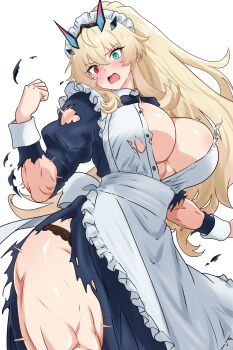 1girl abs absurdres apron bamboo_tac barghest_(fate) biceps black_dress black_panties blonde_hair blush breasts cleavage collared_dress commentary_request dress fate/grand_order fate_(series) flexing green_eyes heterochromia high_ponytail highres horns large_breasts long_hair long_sleeves maid maid_headdress muscular muscular_female open_mouth panties ponytail red_eyes sidelocks solo thick_thighs thighs torn_clothes underwear white_apron white_background wrist_cuffs